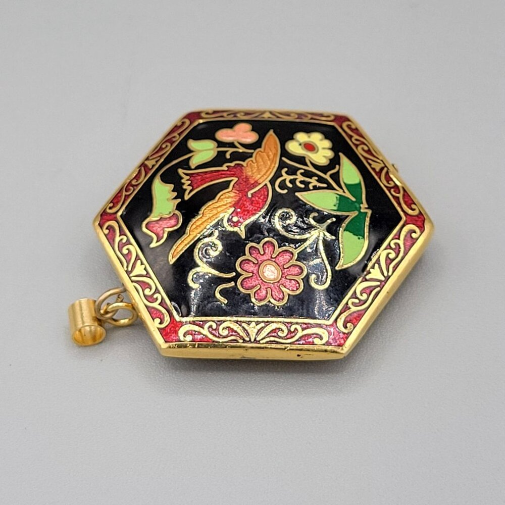 Cloisonne Pendant Colorful Bird Flowers Floral Scrollwork Edge Hexagonal Shape - Picture 3 of 4